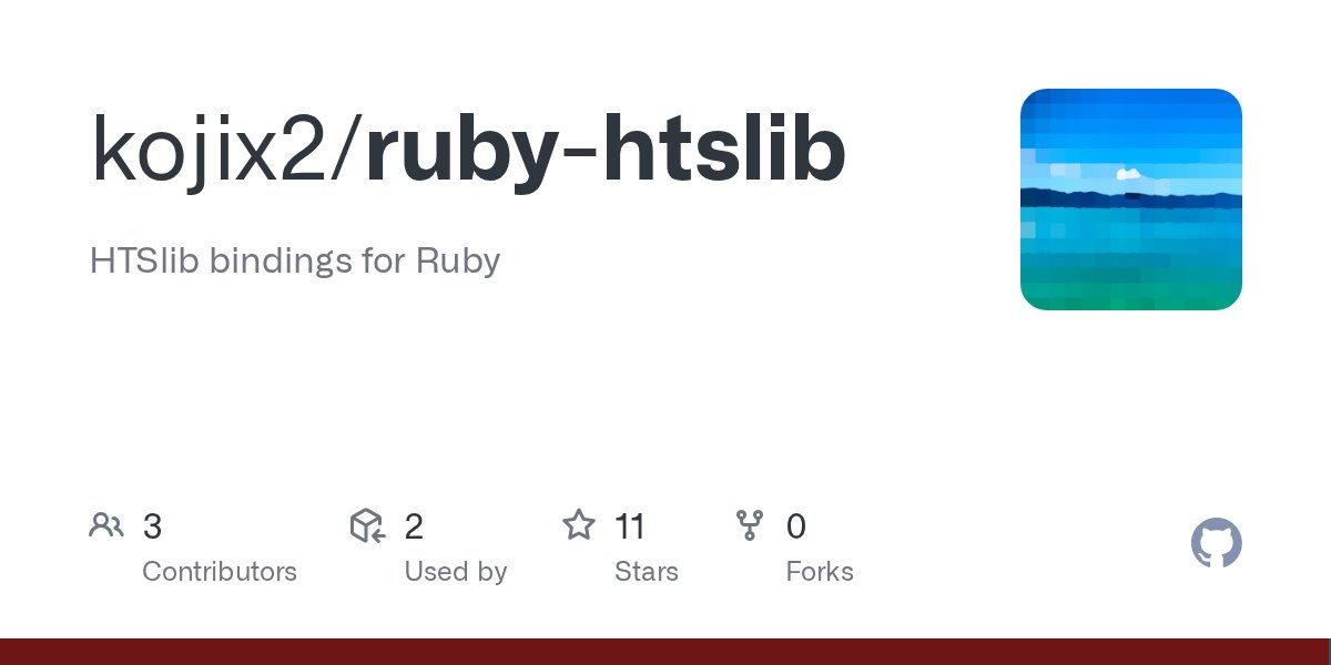 2xijok's tweet card. HTSlib bindings for Ruby. Contribute to kojix2/ruby-htslib development by creating an account on GitHub.