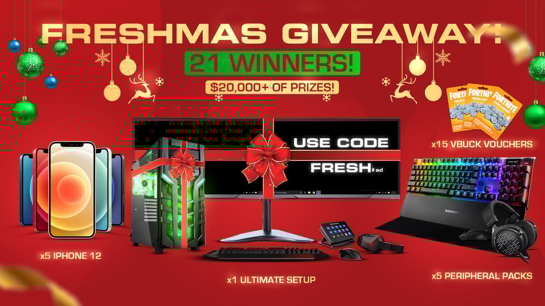 Fresh's tweet card. Merry Freshmas! In celebration of Christmas, Fresh is holding a $20,000+ Giveaway with 21 winners! BIG THANKS TO EVERYONE USING CODE FRESH IN THE ITEMSHOP! 15x $100 V-Bucks Vouchers 5x iPhone 12's 5x...