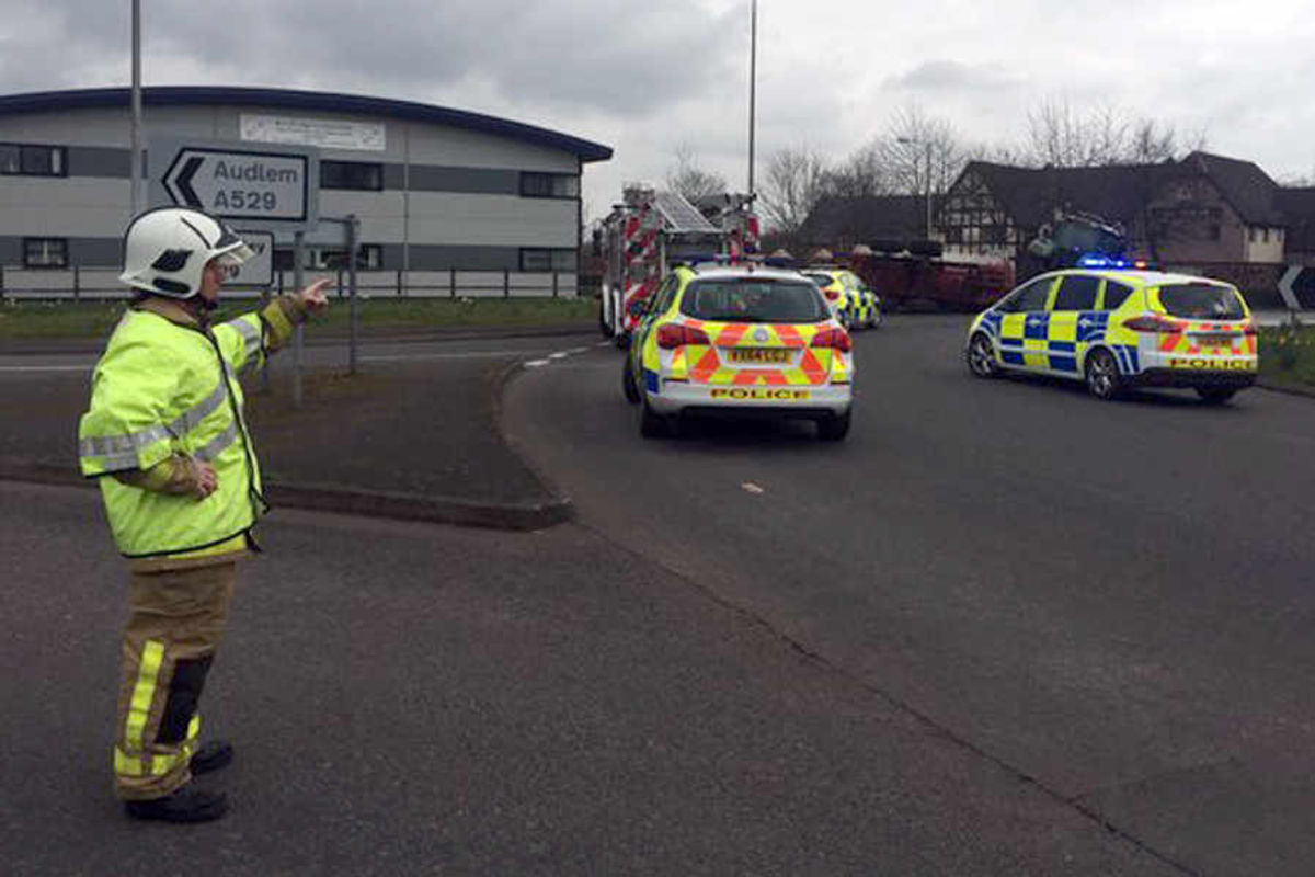 ShropshireStar's tweet card. About 6,000 litres of liquid fertiliser leaked onto a major road when a tractor and trailer overturned on the outskirts of Market Drayton today.