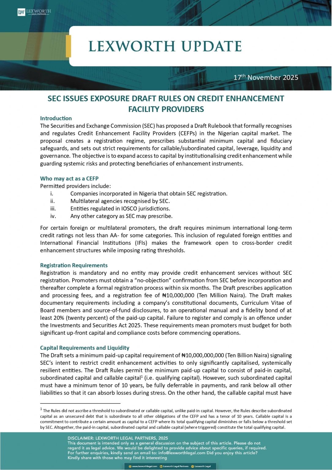 LexworthLegal's tweet card. The Securities and Exchange Commission (SEC) recently issued Exposure Draft Rules that formally recognise and regulate Credit Enhancement Facility Providers (CEFPs) in the Nigerian capital market....