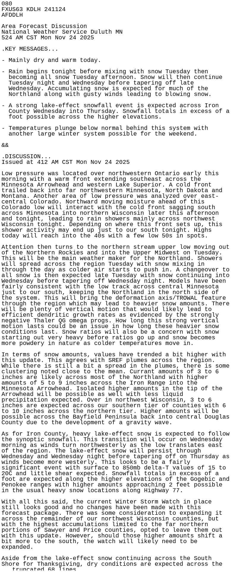 iembot_dlh's tweet card. AFD issued by NWS DLH at 24 Nov 2025 11:24 UTC