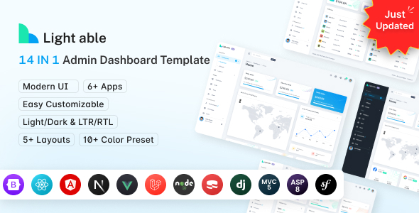 Stylelib_Themes's tweet card. Light Able is a top-rated admin dashboard template on Themeforest. Available in Bootstrap 5, React, Angular, NextJs, ASP.Net Core 8, Laravel, Django, VueJs, NodeJs, django, flask, Symphony, MVC5 an...