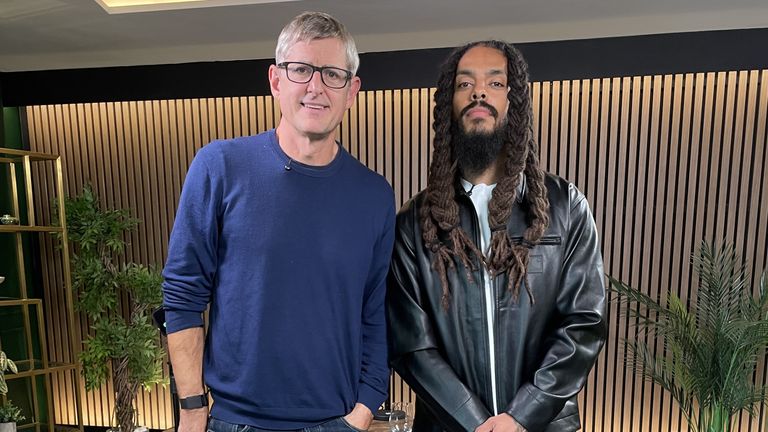 SkyNews's tweet card. The frontman of the controversial punk duo Bob Vylan was quizzed by Theroux after his IDF chant at Glastonbury caused uproar.