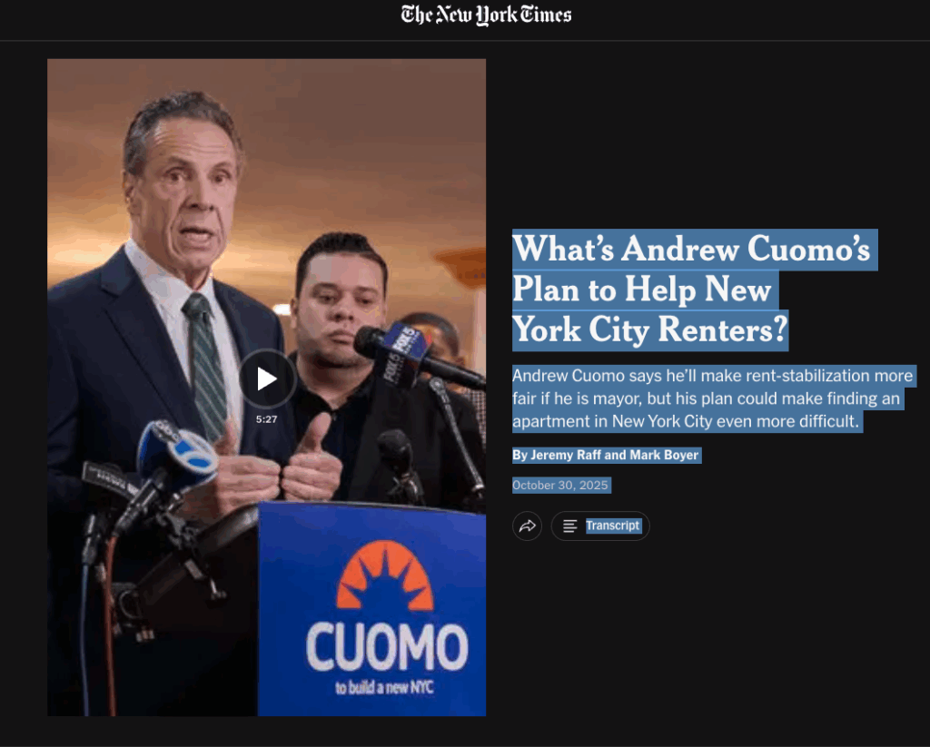 REFinBlog's tweet card. The New York Times interviewed me in a video, What’s Andrew Cuomo’s Plan to Help New York City Renters? The transcript reads, “Can you describe rent prices in New York?” “High.” “Expensive.” ”Out o…