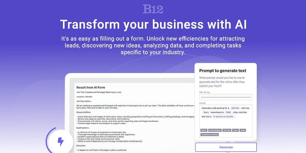 adbcoder's tweet card. Generate a polished new website in seconds. B12's AI-powered platform provides everything you need to look professional, engage clients, and thrive online, including scheduling, payments, and email...