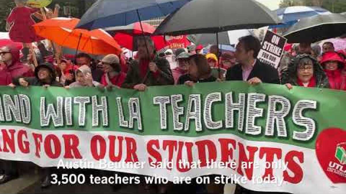 latimes's tweet card. Only about a third of Los Angeles Unified students showed up to school Monday, the first day of a teachers’ strike, with many staying away despite assurance from district officials that all campuses...