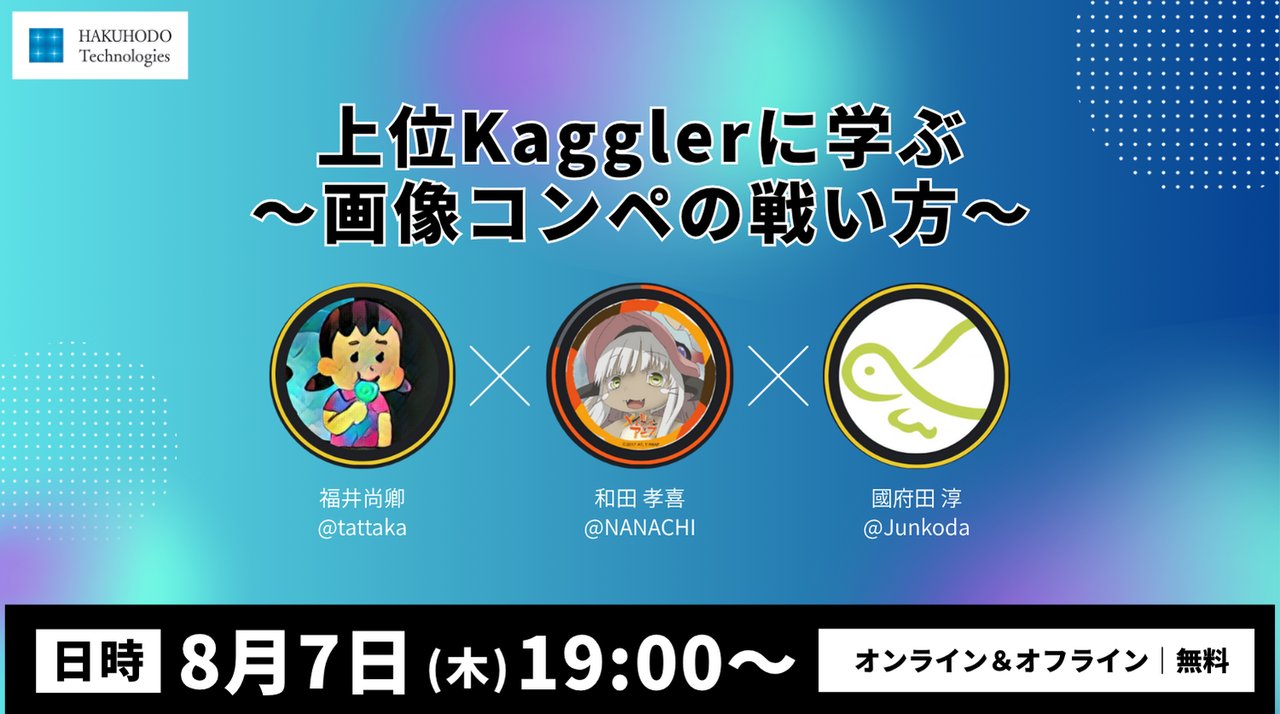 math87lab's tweet card. # どんなイベント？ このイベントは、Kaggleの画像コンペに特化したイベントです。 第1部では、登壇者それぞれが「自分ならではの戦い方」や「毎回取り組んでいるアプローチ」、さらに「画像コンペで特に気をつけているポイント」や「上位入賞時に意識したこと」など、日々の取り組みや実体験をLT形式でお話しいただきます。単なる成功事例の紹介ではなく、着眼点や工夫、考え方にフォーカスした内容でLTを行...
