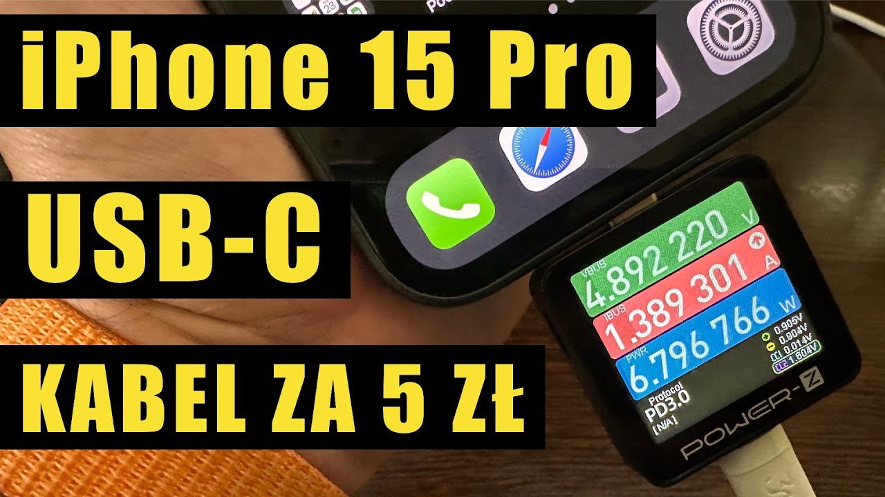 MocnyVlog's tweet card. iPhone 15 Pro + kabel USB-C za 5zł - moc ładowania, szybkość ładowa...