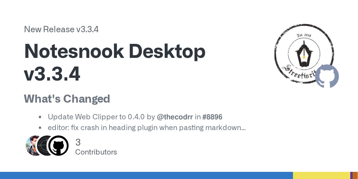 notesnook's tweet card. What's Changed Update Web Clipper to 0.4.0 by @thecodrr in #8896 editor: fix crash in heading plugin when pasting markdown content by @01zulfi in #8904 core: escape paranthesis in notes search...