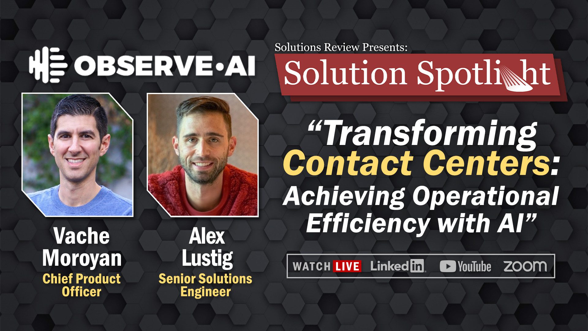 WorktechReview's tweet card. Learn more about the upcoming Solutions Spotlight with Observe.AI with this quick summary of the event, how to register, and more!
