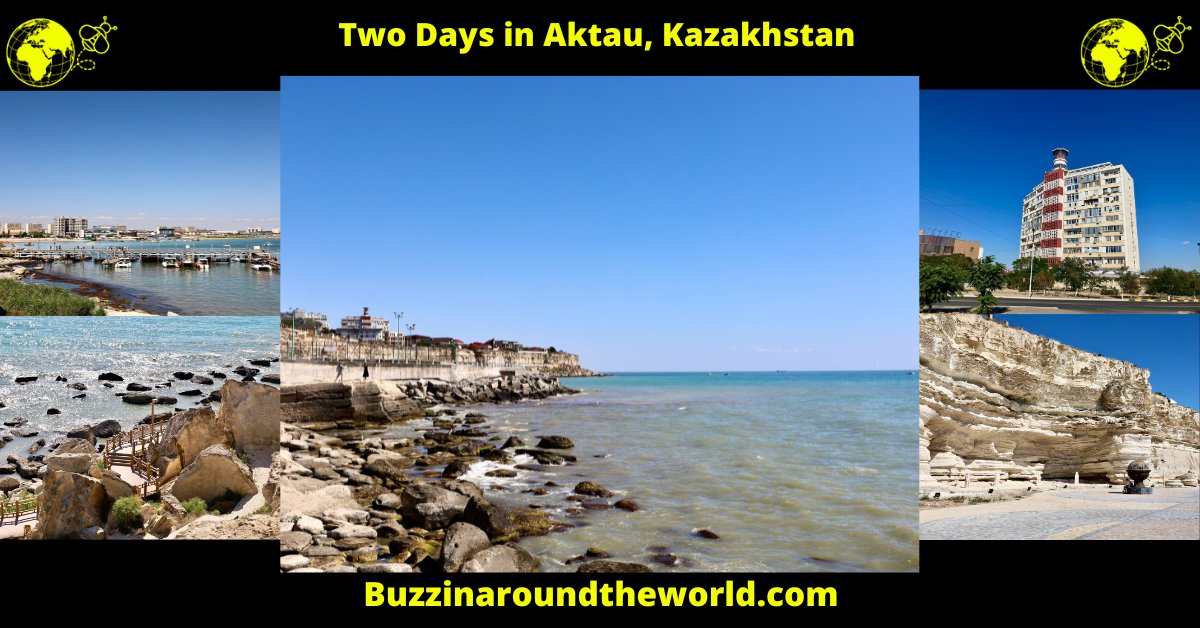 BuzzTravelBlog's tweet card. Spend two relaxing days in Aktau, Kazakhstan, strolling the Skalnaya Tropa Promenade and seeing Cape Melovoy and the Melovoy Lighthouse.