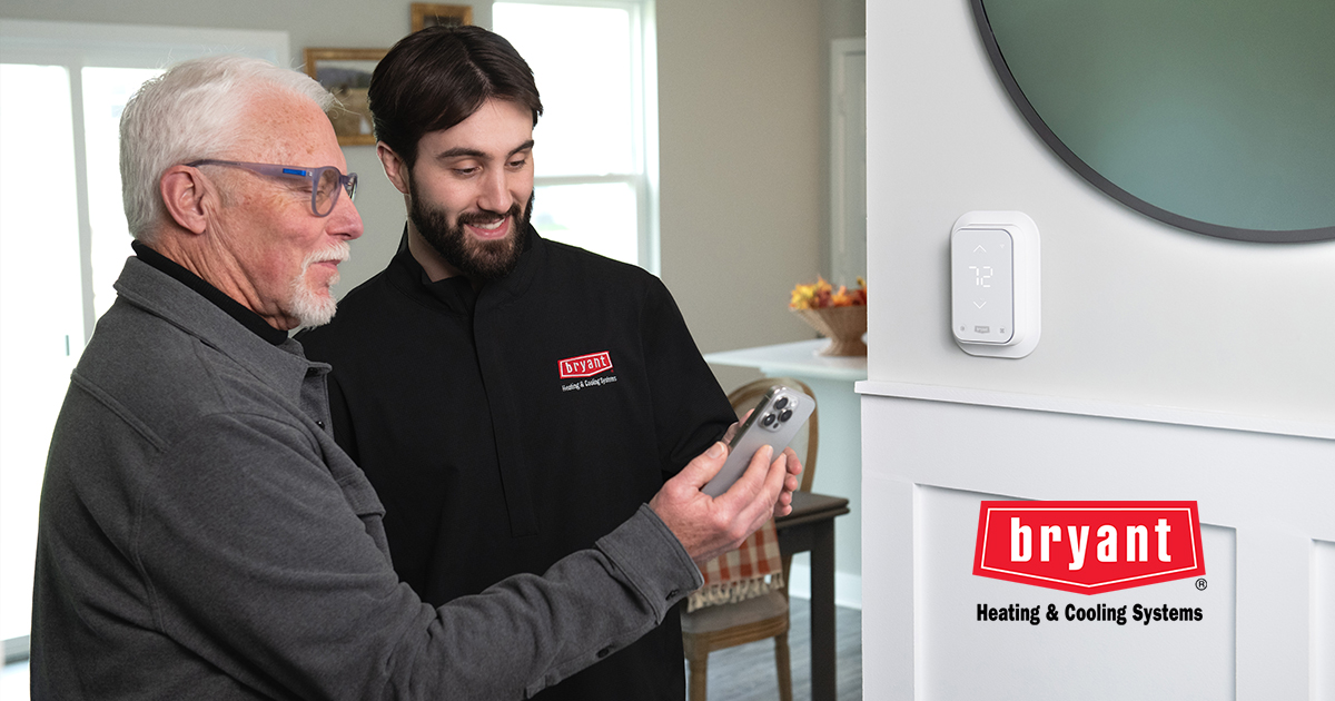 Advhtginc's tweet card. With cool mornings and warm afternoons, fall temps can be unpredictable. Adjust your home comfort from your phone anytime, anywhere with the Bryant Smart Thermostat. Stay cozy and in control....