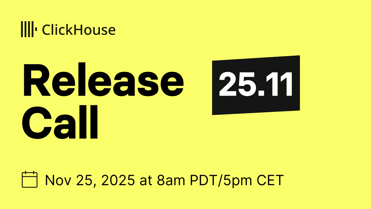 ClickHouseDB's tweet card. Every month we get together with the community (users, contributors, customers, those interested in learning more about ClickHouse) to discuss what is coming in the latest release.