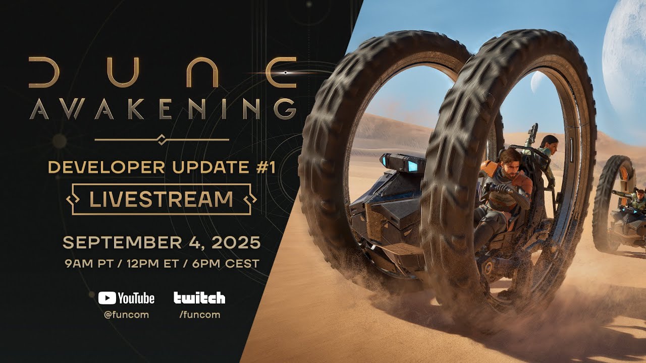 Funcom's tweet card. Dune: Awakening — Developer Livestream: Chapter 2 and Lost Harvest