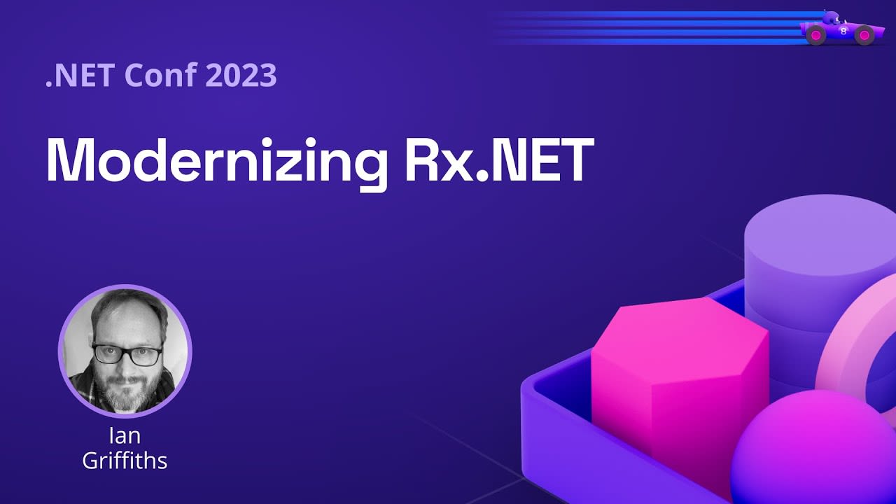 AzureWeekly's tweet card. Ian Griffiths discusses Rx.NET project evolution and its adaptation to .NET 8.0 changes at the .NET Conf 2023.