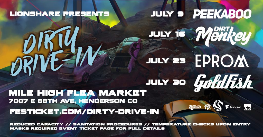 EDMIdentity's tweet card. Lionshare is bringing PEEKABOO, Dirt Monkey, Eprom, and GoldFish to Colorado this month for their Dirty Drive-In series, enter to win inside!