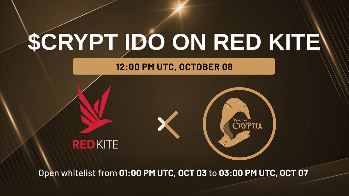 redkitepad's tweet card. Red Kite opens two token sale pools for World of Cryptia: IDO Pool (whitelist winners) and Community Pool (participants on Gleam).