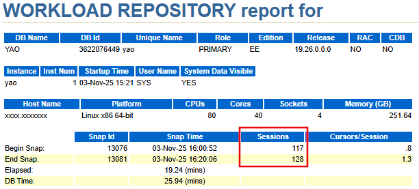 YuanOracle's tweet card. At the top of every Oracle AWR report, there’s an important metric called “Sessions”, which represents the number of sessions at the time each snapshot (Snap ID) is being taken. T…