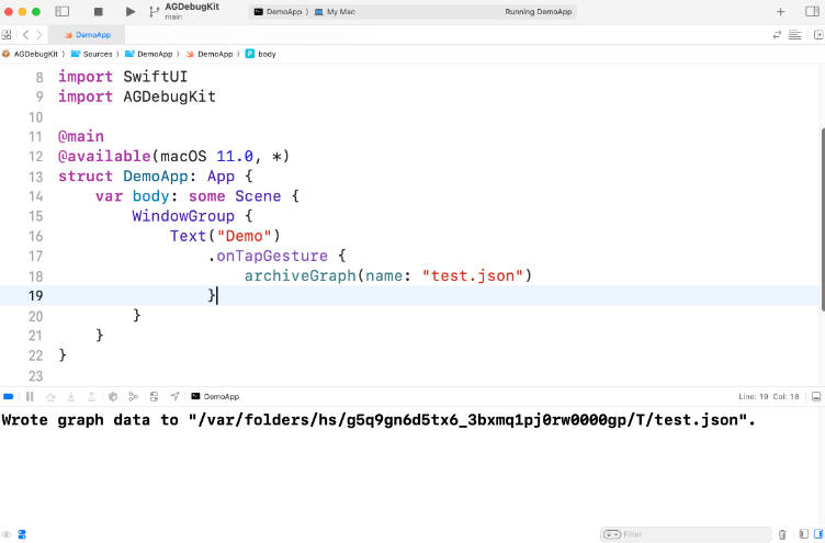 iosexample's tweet card. AGDebugKit is a package designed to retrieve debug information from the private AttributeGraph framework that underlies SwiftUI.
