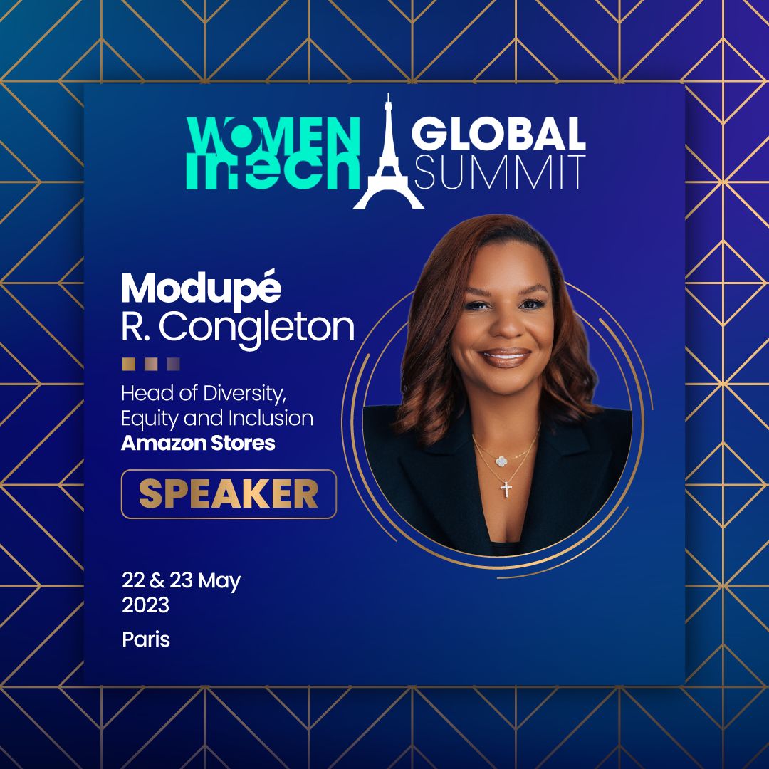 Modupe_C's tweet card. I’ve been in the tech industry for 19 years. I look forward to joining WOMEN IN TECH - Global Movement and all of the amazing leaders at the Global MovementSummit! #womenleaders #girlpower #represe...