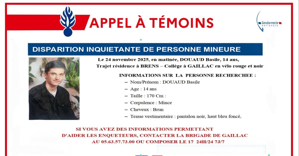 ladepeche81's tweet card. Disparition inquiétante d’un adolescent de 14 ans près de Gaillac, la gendarmerie lance un appel à...