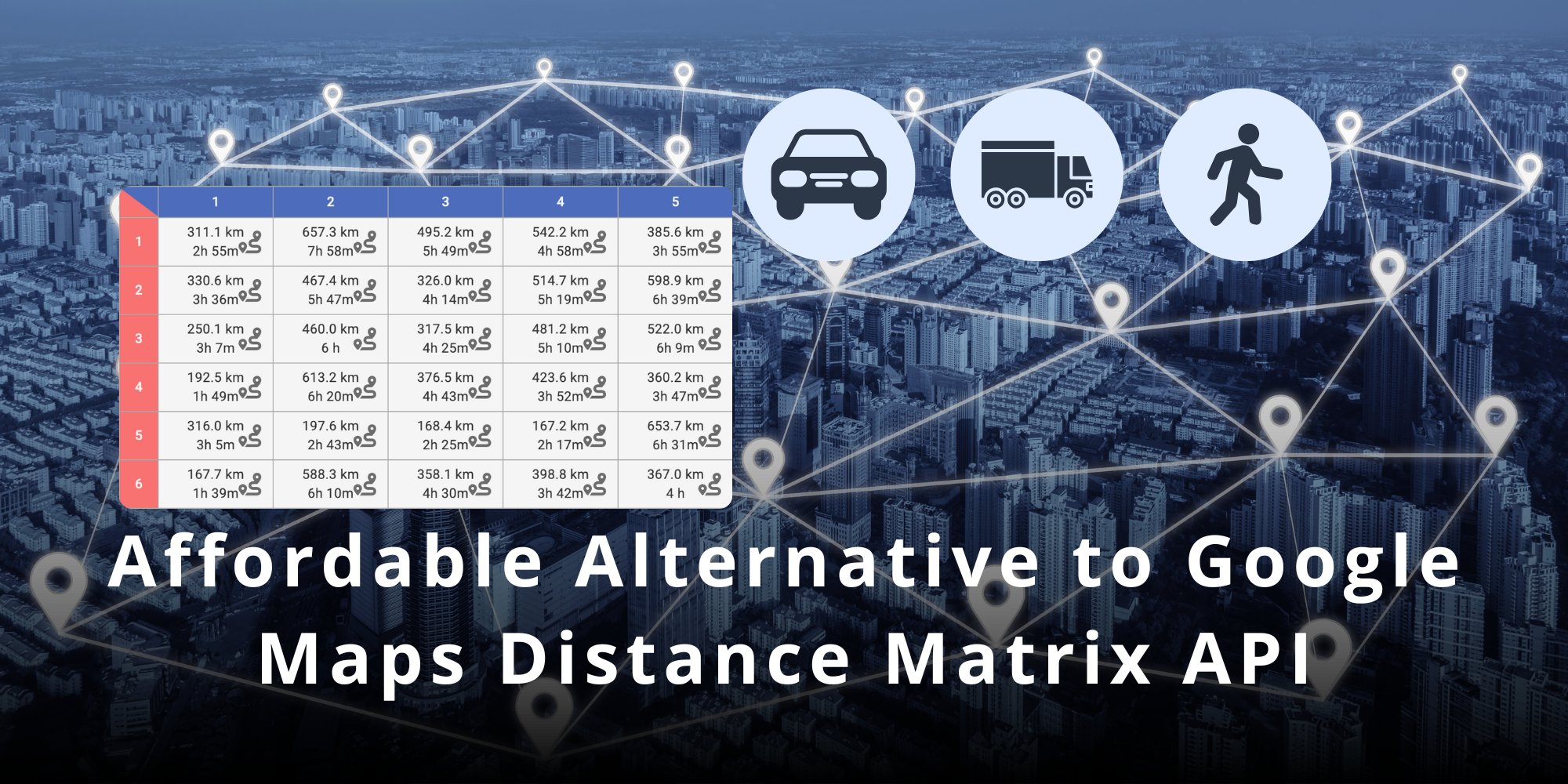 geoapify's tweet card. Evaluate how Geoapify's Distance Matrix API compares to Google Maps on pricing, quotas, caching rules, and integration flexibility.