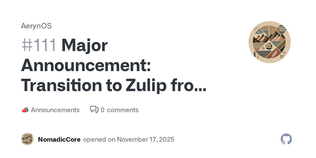 AerynOS_Linux's tweet card. Major Announcement: Transition to Zulip from Matrix We have recently been reviewing our options for community engagement and made a decision to transition over to Zulip from Matrix. The team has be...