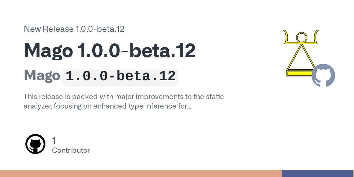 azjezz's tweet card. Mago 1.0.0-beta.12 This release is packed with major improvements to the static analyzer, focusing on enhanced type inference for arrays, closures, and ArrayAccess objects. We've also added sup...