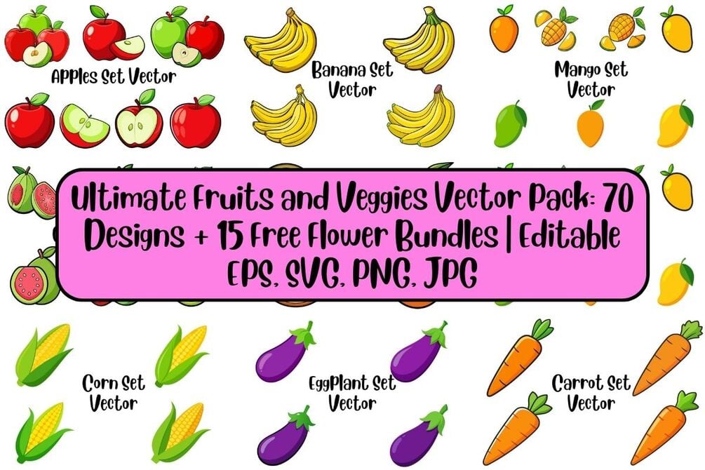 awieee_1's tweet card. Ultimate Fruits and Veggies Vector Pack: 70 Designs + 15 Free Flower Bundles | Editable EPS, SVG, PNG, JPGBring your creative projects to life with this premium Fruits and Vegetables Vector Bundle!...
