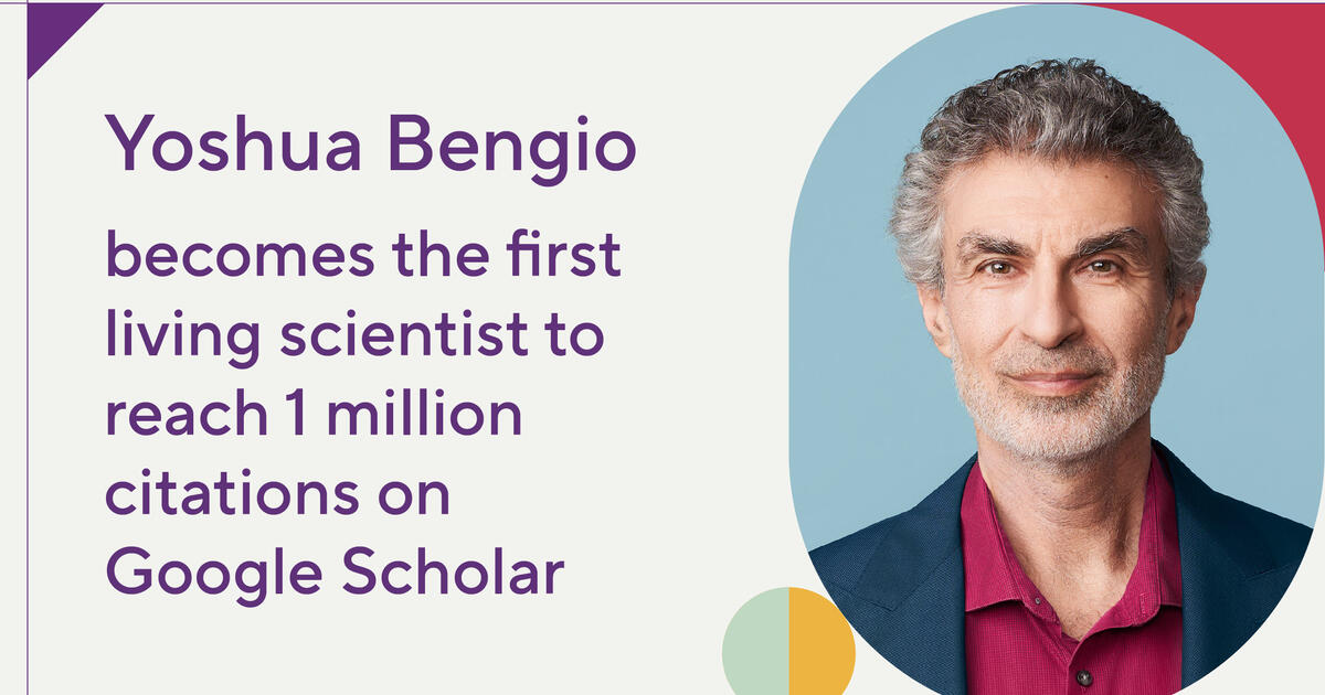 Mila_Quebec's tweet card. Yoshua Bengio, the most-cited researcher in the world has become the first living scientist to surpass one million citations on Google Scholar.