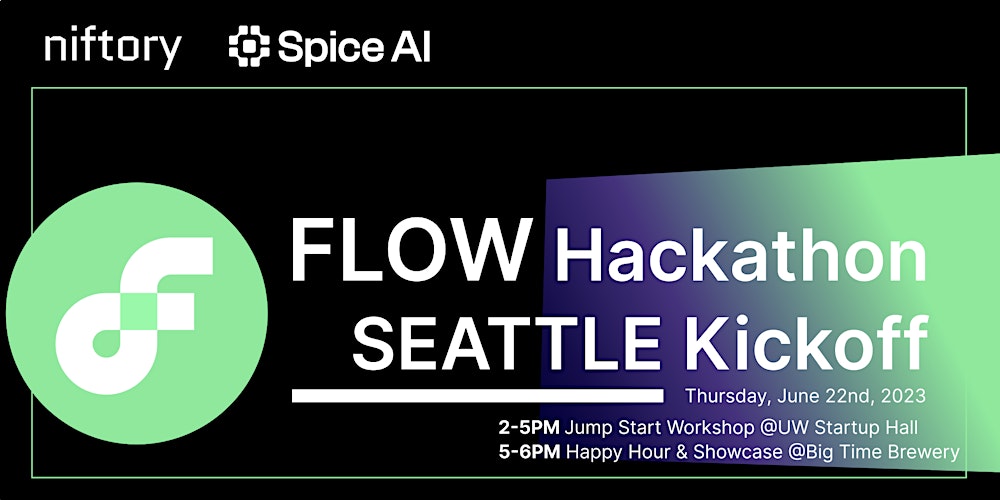 spice_ai's tweet card. Kickoff the 2023 Flow Hackathon with Niftory, Spice AI, and other fellow Seattle builders Thursday, June 22nd, 2-6pm at UW Startup Hall.
