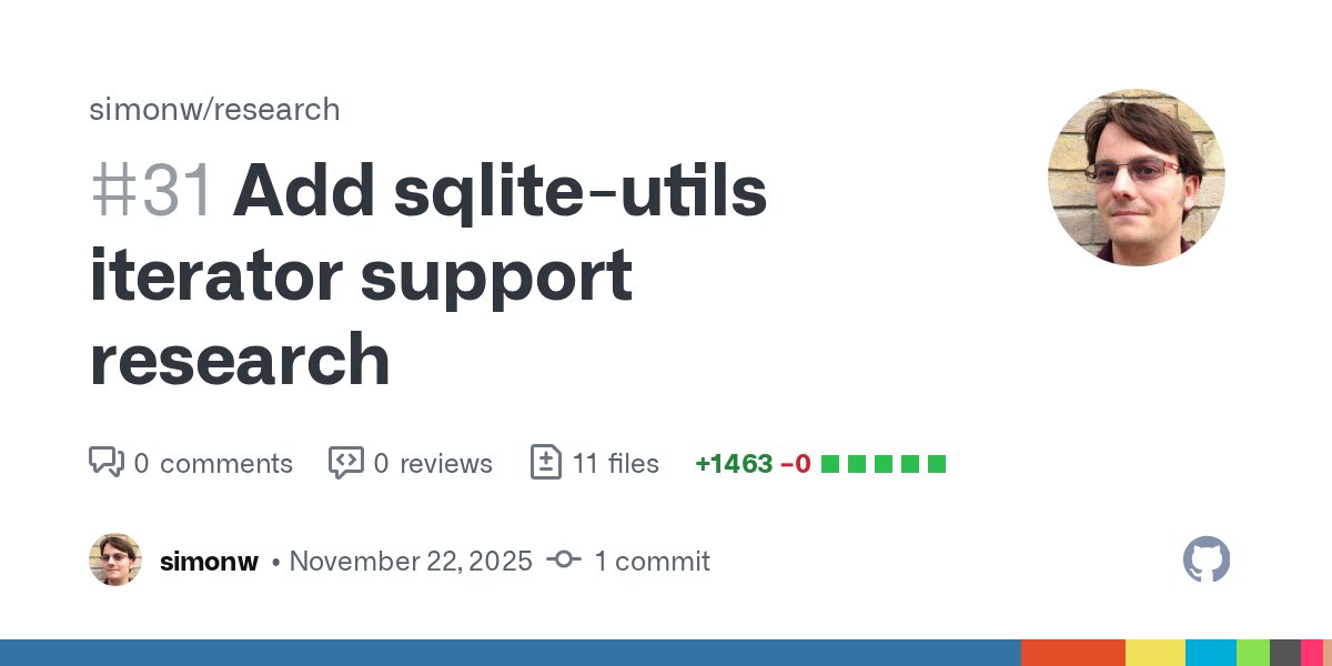 simonw's tweet card. Prompt to Claude Code for web: Experiment with modifying simonw/sqlite-utils from github such that the insert_all and upsert_all methods can optionally be passed a Python iterator that yields list...