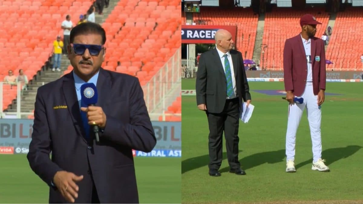 CNNnews18's tweet card. Ravi Shastri introduces Andy Pycroft at the India vs West Indies Test toss, referencing Asia Cup controversy involving Pakistan Cricket Board.