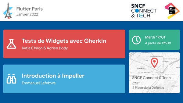 FlutterParis's tweet card. C'est le grand retour des meetups au format physique au Flutter Paris ! Pour l'occasion, SNCF Connect & Tech nous accueillera dans leurs locaux pour deux présentations. ⚠️