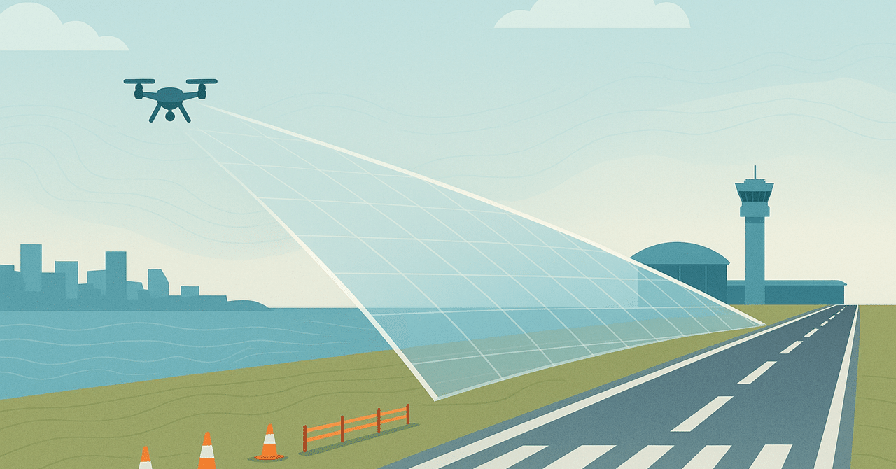 dronepilotwords's tweet card. この記事のねらい： “距離基準”の誤りを正し、進入表面×地形の立体判断を定着。 対象： 計画書作成者、都市部・沿岸部での運用者。 結論： 判断は距離ではなく面×高度。 　　　　平面図と側面断面の二眼で「飛ばせる根拠」。 なぜ“距離”ではなく「面×高度」なのか 　空港からの「何kmなら安全」という発想は、現場では役に立ちません。空港周辺の禁止空域は、単純な円形ではなく、離着陸コースに沿って傾い...