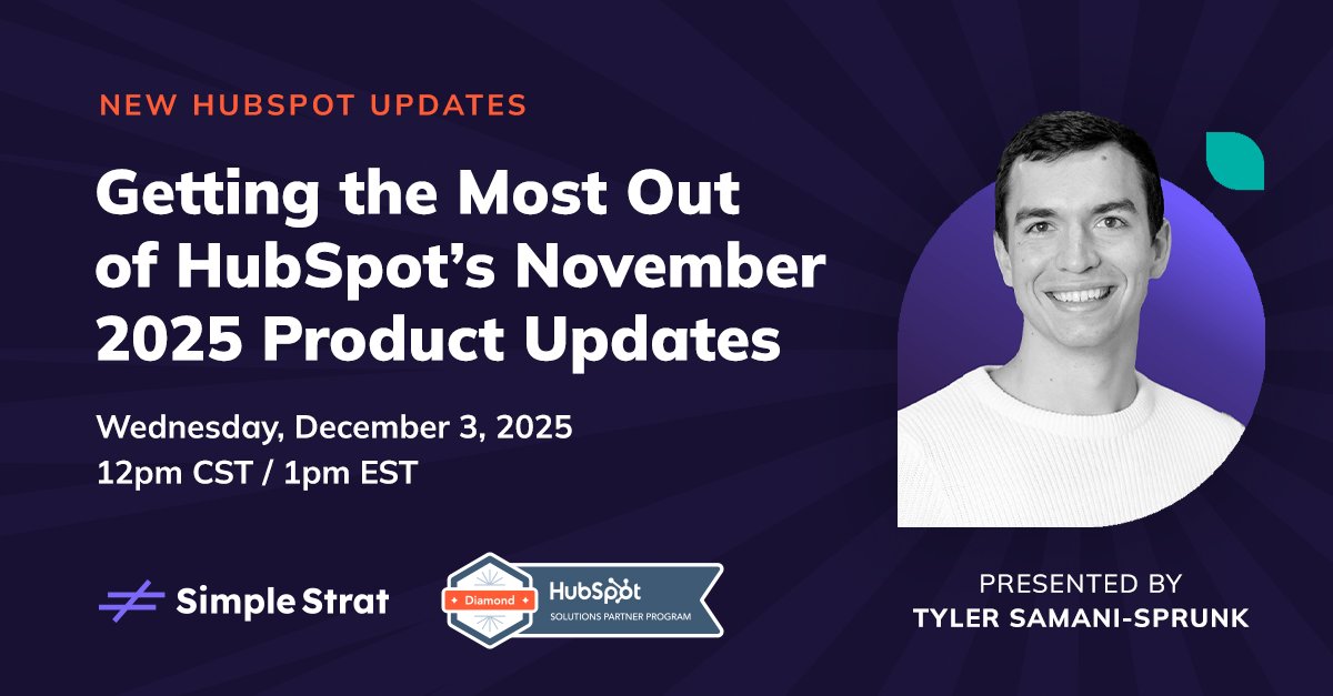 SimpleStratChat's tweet card. Are you using all of the functionality you could be in HubSpot? Learn how to get more out of HubSpot in this webinar series presented by Simple Strat.