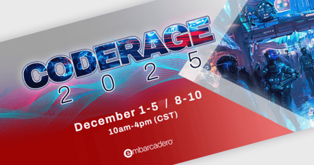 ComponentSource's tweet card. Join the Embarcadero CodeRage 2025 Online Conference for 8 days of expert talks and live Q&A on the hottest topics in the industry today.