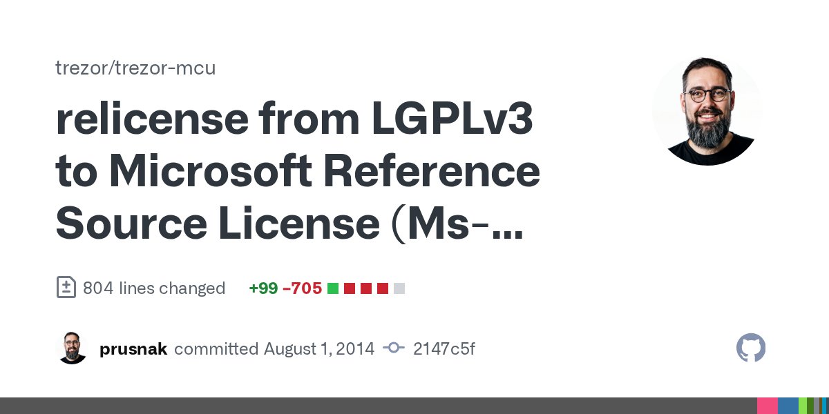 codinginmysleep's tweet card. relicense from LGPLv3 to Microsoft Reference Source License (Ms-RSL) · trezor/trezor-mcu@2147c5f