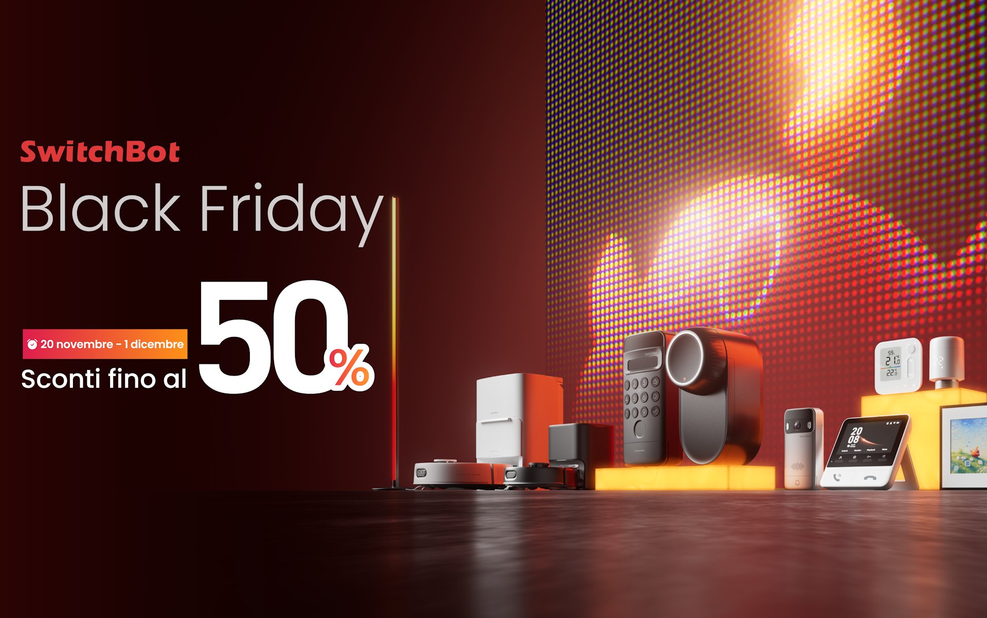 TuttoTechNet's tweet card. Quattro offerte SwitchBot per l'illuminazione della smart home: sconti fino a oltre il 40% su lampade da terra, scalda candele e strisce LED.