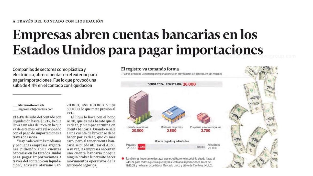 marianosardans's tweet card. “Hay cada vez más medianas y pequeñas empresas argentinas pidiendo abrir cuentas bancarias en los Estados Unidos para pagar importaciones a través del contado con liquidación”
