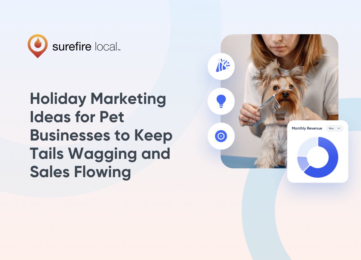 SurefireLocal's tweet card. Discover how pet business owners can boost holiday sales, streamline marketing, and stay visible with automated campaigns, pre-scheduled content, and reputation management tools.