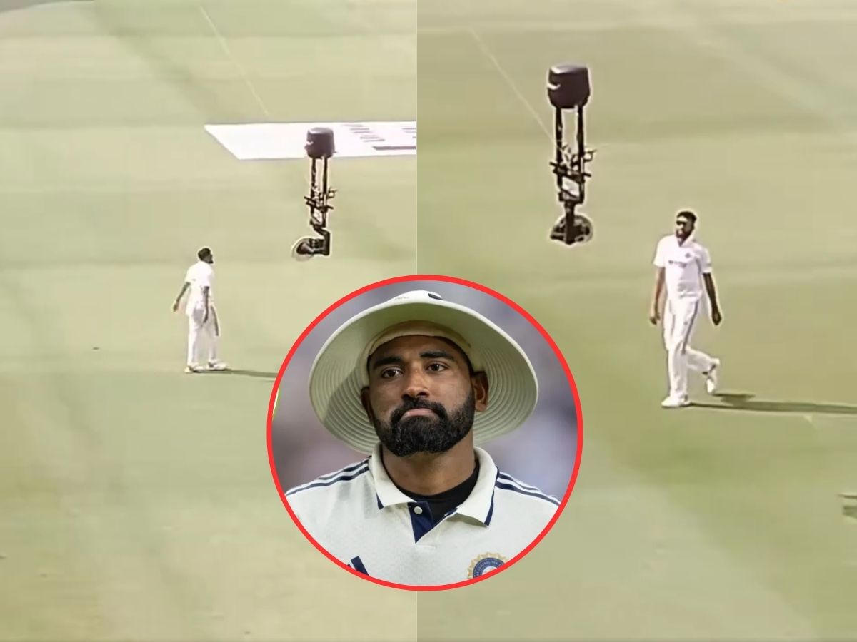 zee24taasnews's tweet card. IND VS SA 2nd Test : गुवाहाटी टेस्ट सामन्याच्या तिसऱ्या दिवशी गोलंदाज मोहम्मद सिराजने कॅमेऱ्या सोबत छेडछाड केली. याचा व्हिडीओ एका प्रेक्षकाच्या कॅमेऱ्यात कैद झाला.   