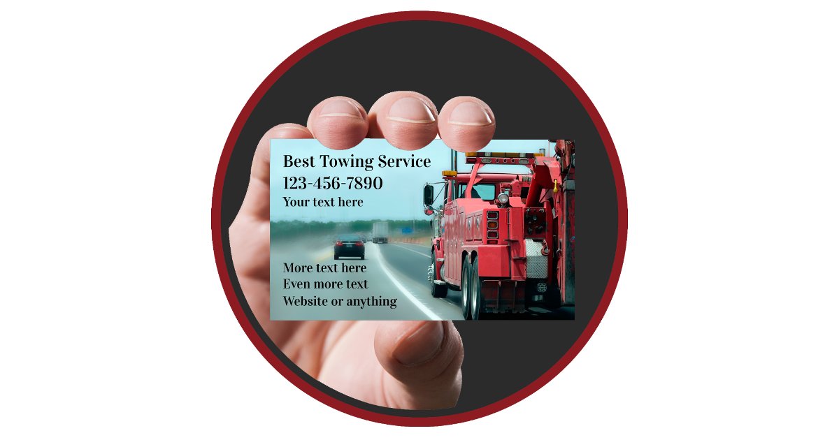 classicsdiva's tweet card. Automotive and truck towing service business card template designed with a graphic of a heavy duty wrecker truck in the background on the highway.