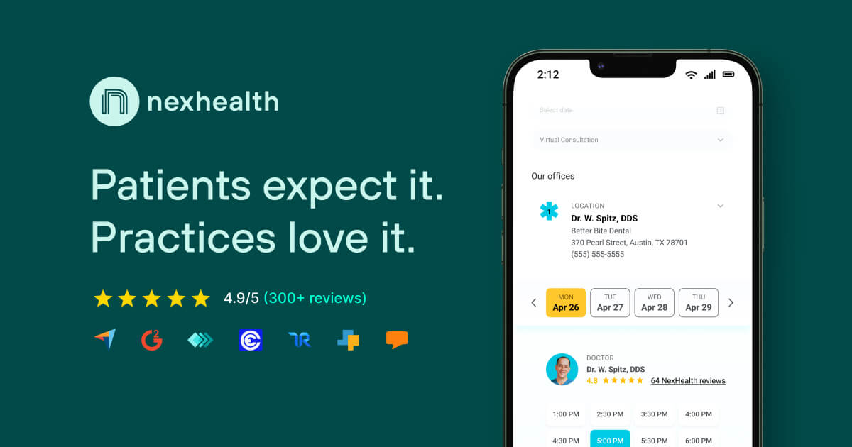 nexhealthHQ's tweet card. Streamline scheduling, payments, and patient intake, and more in one platform that syncs with your EHR. Trusted by more than 10,000 practices. See a demo today.