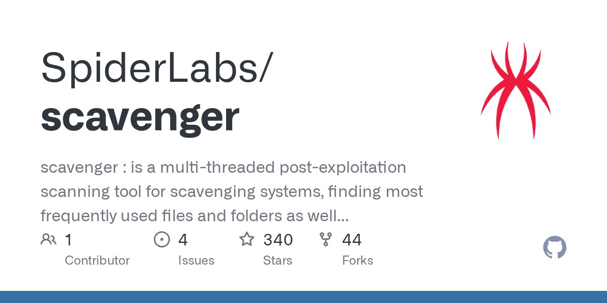 nullenc0de's tweet card. scavenger : is a multi-threaded post-exploitation scanning tool for scavenging systems, finding most frequently used files and folders as well as "interesting" files containing s...