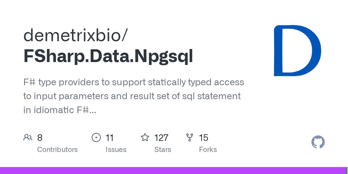 mitekm's tweet card. F# type providers to support statically typed access to input parameters and result set of sql statement in idiomatic F# way. Data modifications via statically typed tables. - demetrixbio/FSharp.Da...