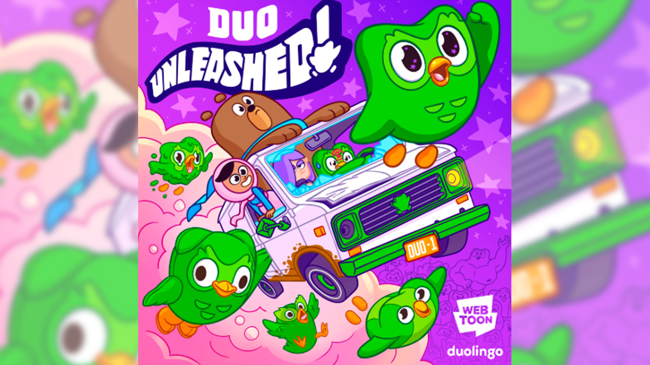 Geek_Gen_France's tweet card. WEBTOON s’associe à Duolingo pour le lancement le 21 novembre de la mini-série originale Duolingo Unleashed.