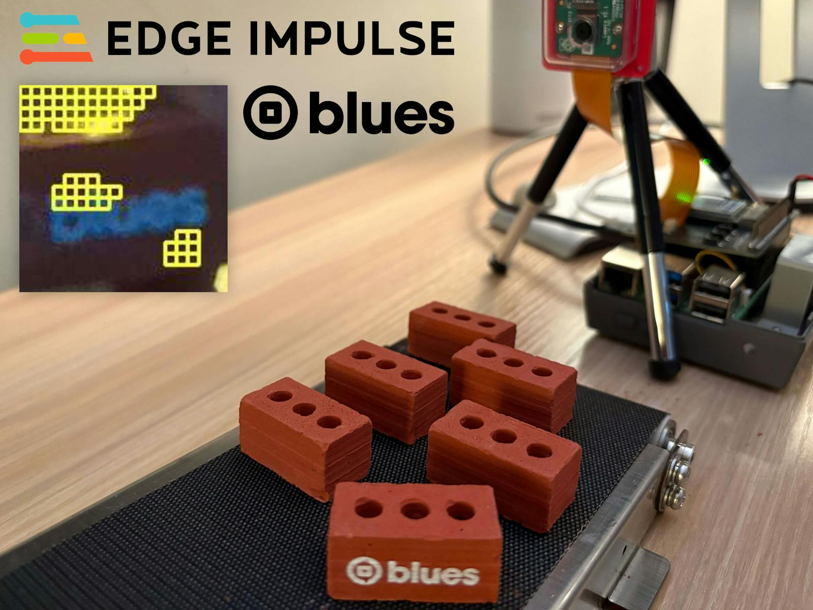 Hacksterio's tweet card. Build a Python app that uses multiple ML models to perform object detection and anomaly detection + connect to the cloud via Blues Notecard.
