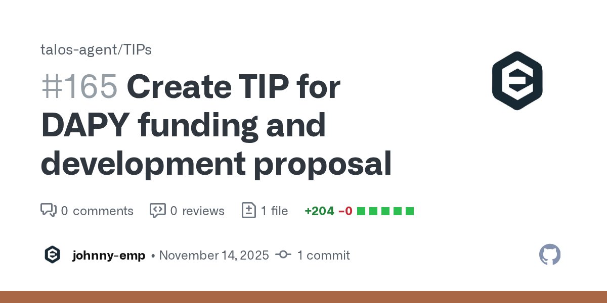talos_is's tweet card. This TIP allocates funding for the design, development, audit, and launch of DAPY (DEEP APY), a stable yield application powered by Talos. It outlines the product proposal, budget allocation, deliv...