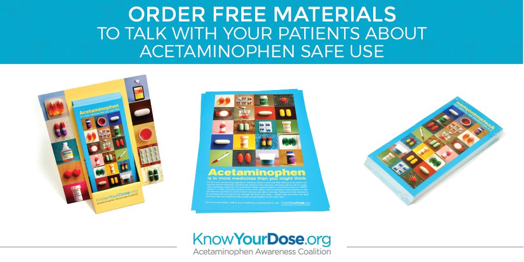 KnowYourDose's tweet card. Download and order free tools about the safe use of medicines with acetaminophen.